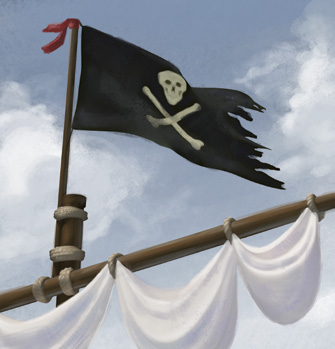 A pirate flag with skull and crossbones flying from a ship's mast.