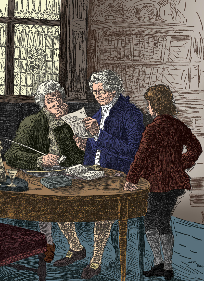 Three men at a table examining a document