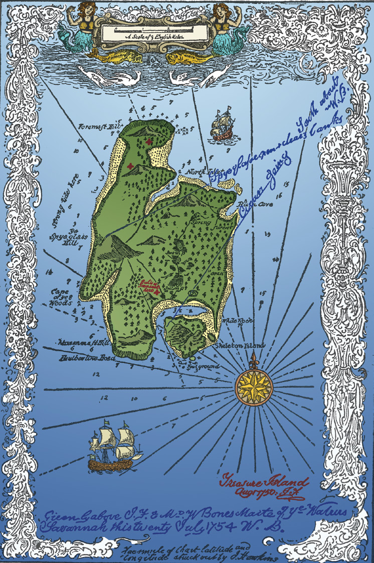 An old-fashioned treasure map of an island with handwritten notes in red ink.