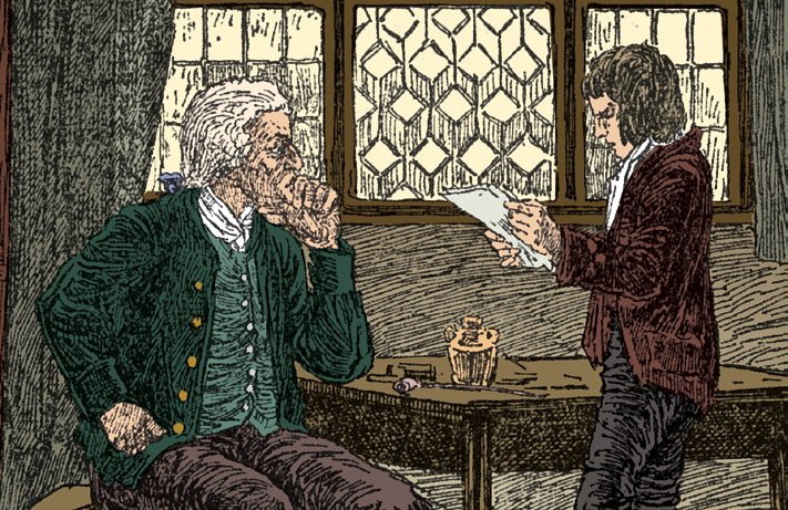 Dr. Livesey listens while the squire reads a letter inside a room with leaded windows.
