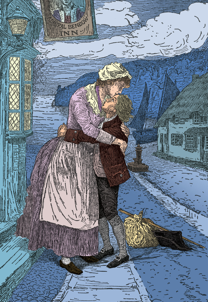 A boy saying farewell to his mother outside the Admiral Benbow Inn.