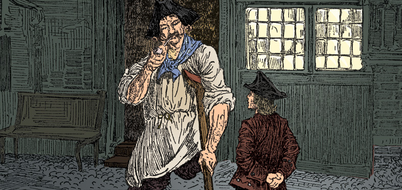 Long John Silver, a tall one-legged man with a crutch, in a tavern talking to another man.