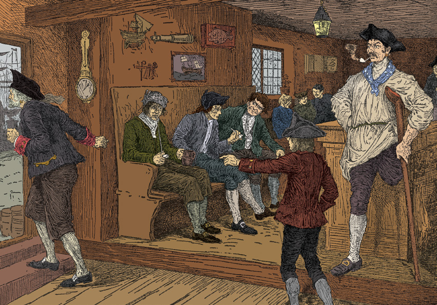 Men in a tavern as one runs out the door while others react and give chase