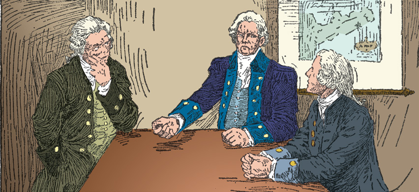 Three men sitting at a table on a ship, talking.