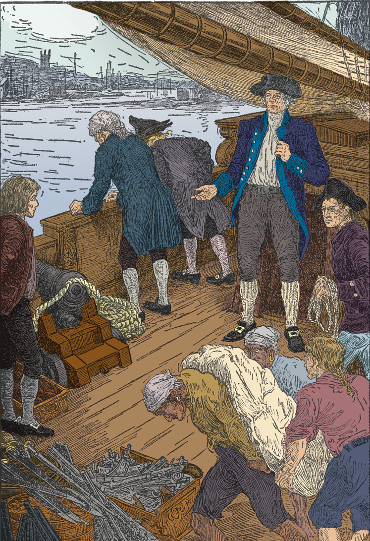 Sailors preparing a ship to depart from harbor