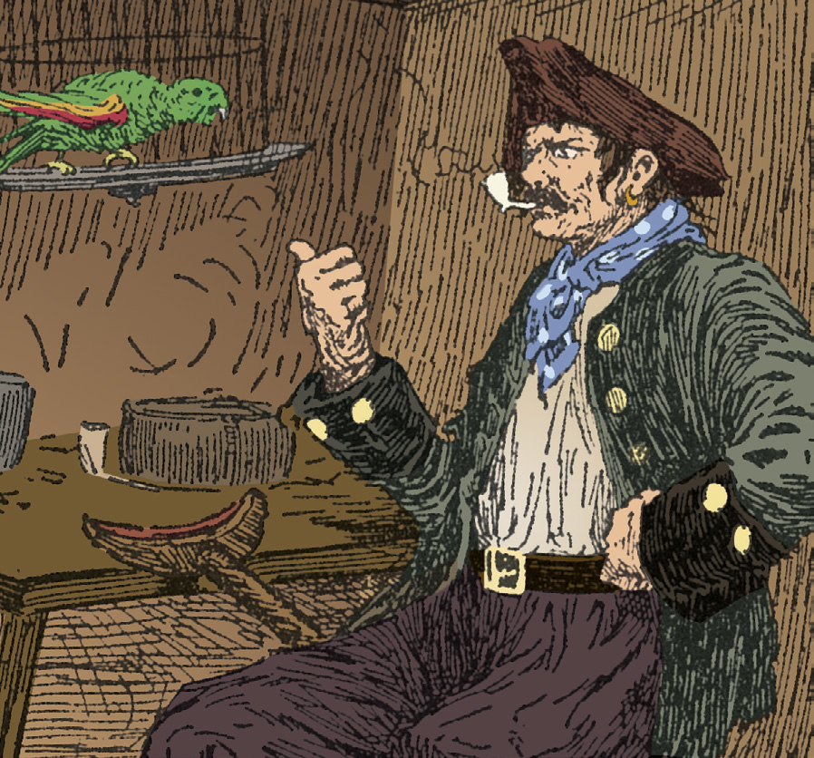 Silver sitting in a ship's galley with a parrot nearby.