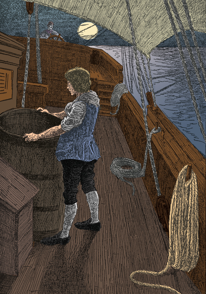 null Young person standing on the deck of a ship at night, looking into a large barrel.