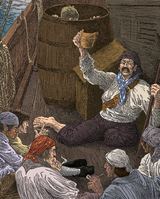 null Sailors drinking and talking on the deck of a ship beside a large barrel
