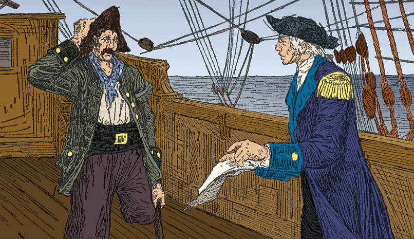 null Captain Smollett handing a map to John Silver on the ship's deck
