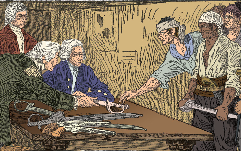 null Men gathered around a table of weapons