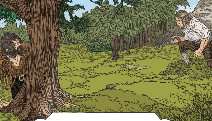 A man with a gun approaches another man hiding behind a tree on a forested island.