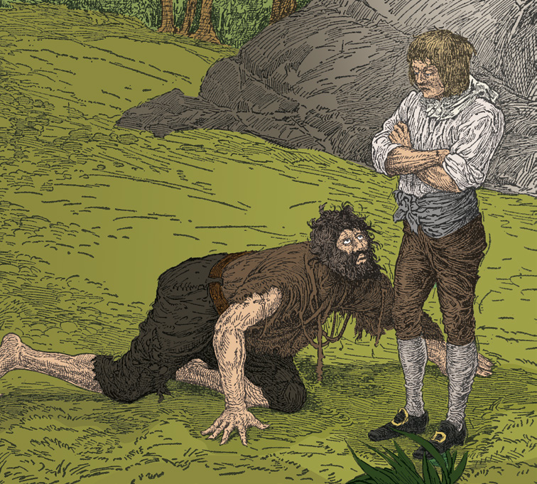 A ragged man kneeling on the ground speaking to another man who is standing with folded arms.