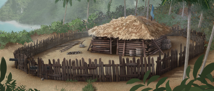 A wooden stockade surrounding a small hut on a tropical island