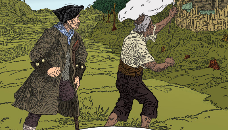 Two men outside a stockade, one waving a white cloth