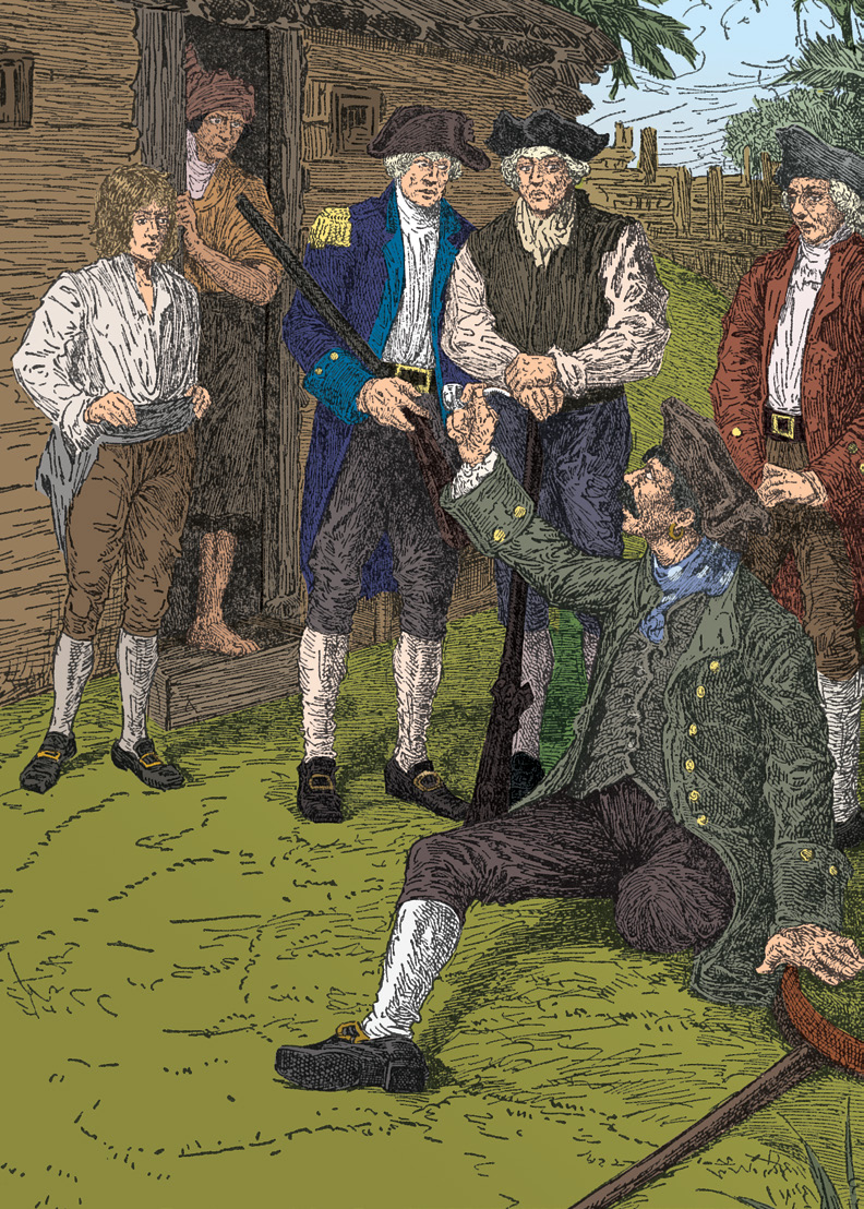 Silver on the ground looking scornfully at the captain and asking for help getting up.
