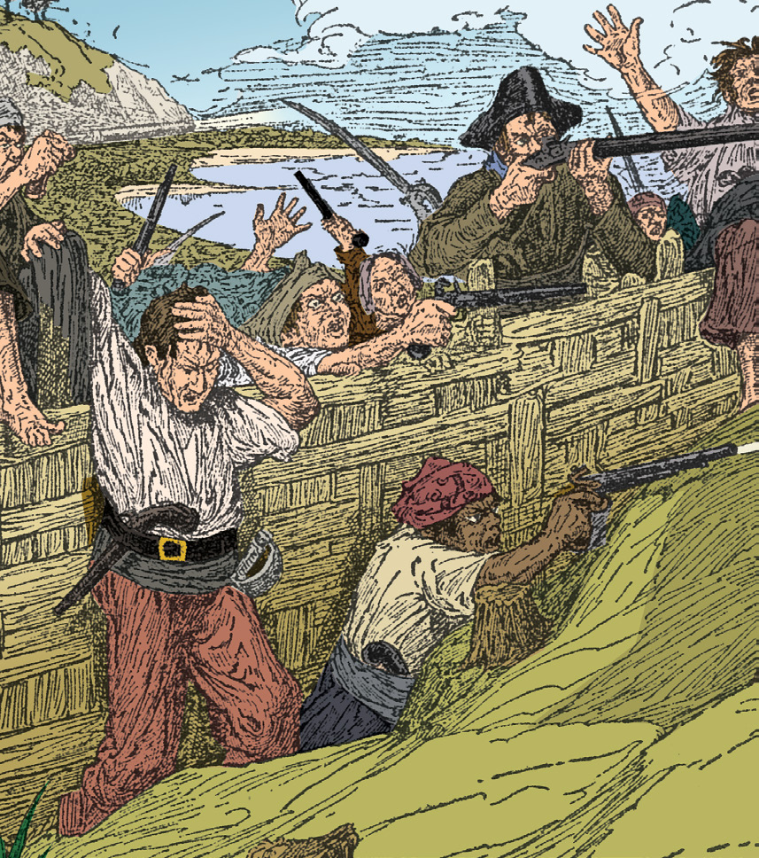 Pirates attacking from behind a wooden barricade
