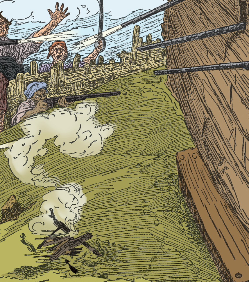 Pirates attacking with guns and cutlasses near a wooden stockade.