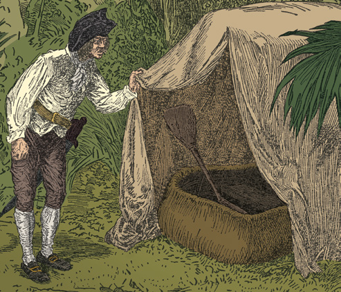 A man lifting a cloth to reveal Ben Gunn's small homemade coracle with a paddle inside.
