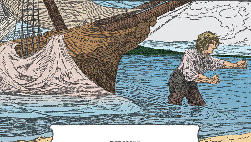 A young man wading in water beside the bow of a sailing ship named Hispaniola.