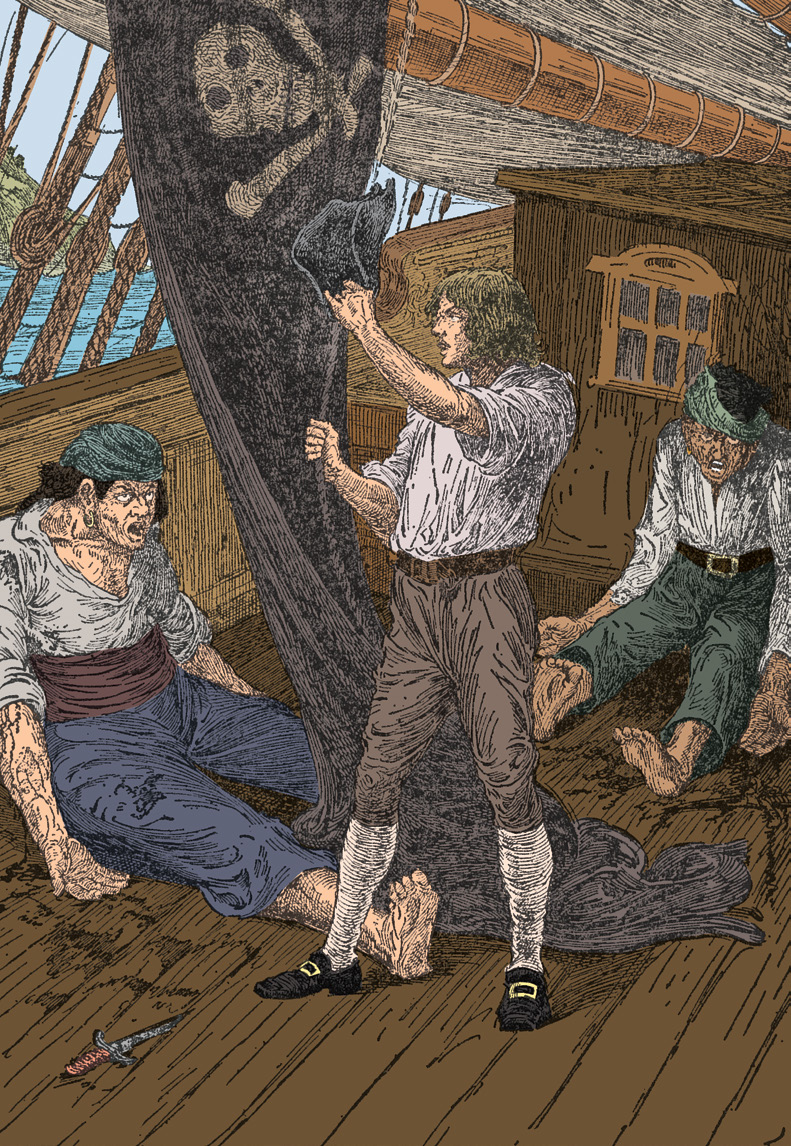 A young man stands on a ship’s deck holding a pirate flag while two injured pirates sit nearby.