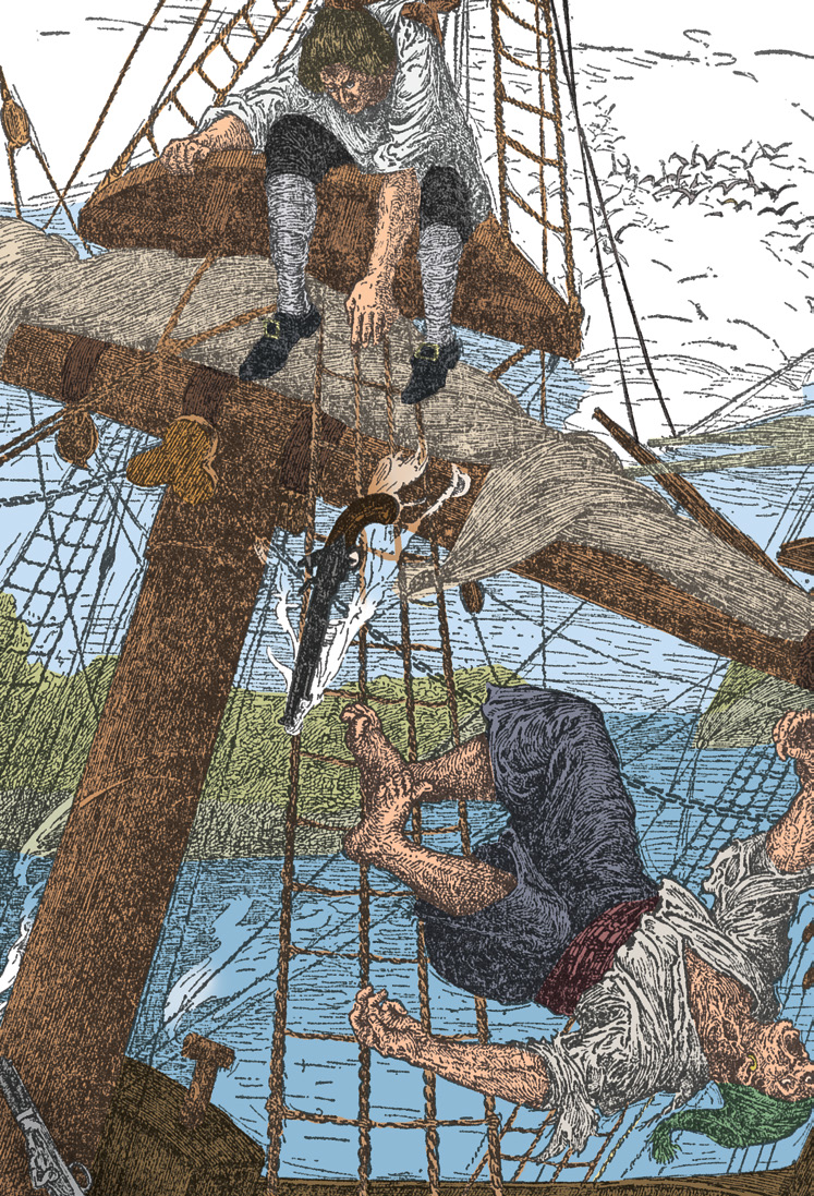 A sailor falling from the rigging of a ship into the sea while another boy leans from the mast above.