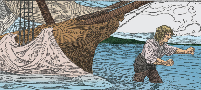 A boy wading through water away from a ship named Hispaniola.