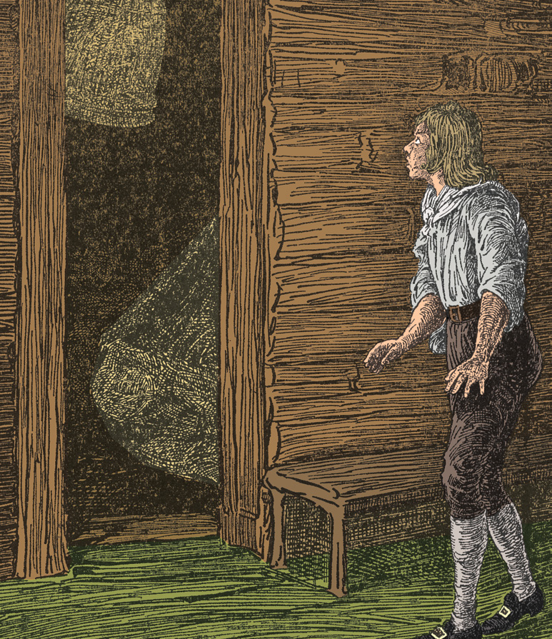 A boy cautiously entering a wooden cabin in the dark