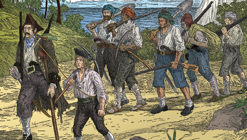 A group of pirates walking along a path near the sea.