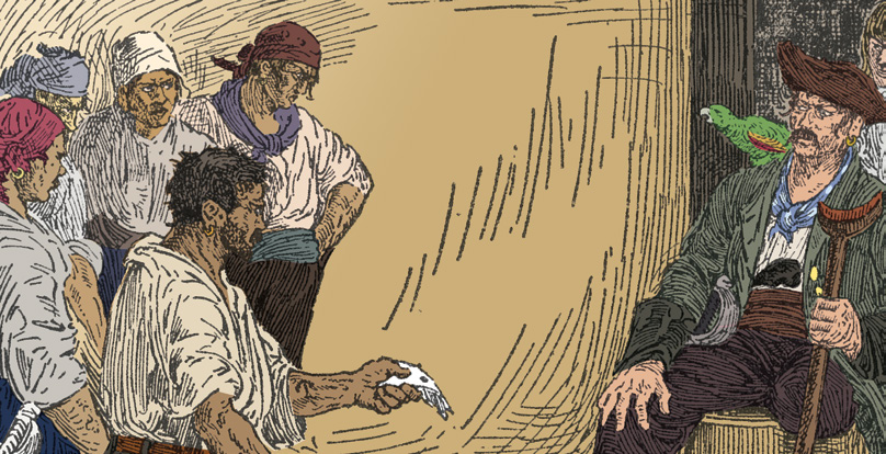 Pirates confronting Long John Silver, who sits with a parrot on his shoulder.