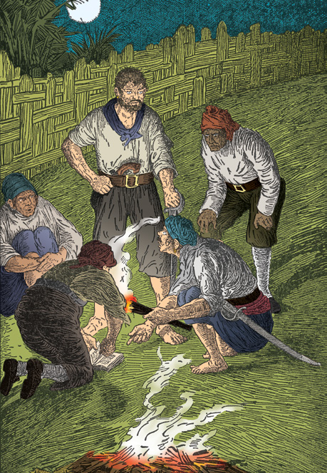 Several men gathered around a small fire at night.