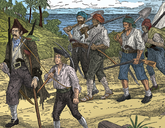 Pirates marching along a coastal path armed with guns and cutlasses