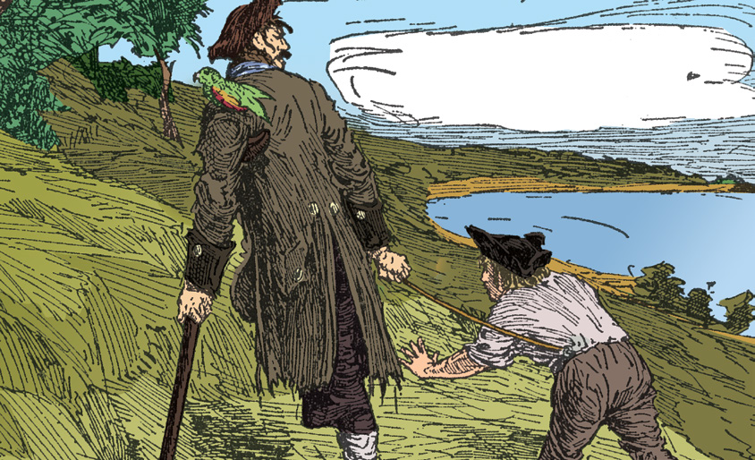 Long John Silver with a parrot on his shoulder climbs a hill, pulling the narrator by a rope overlooking the sea