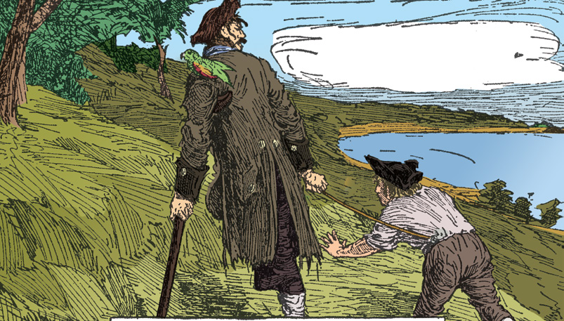 Silver walking up a hill with another man and a parrot on his shoulder