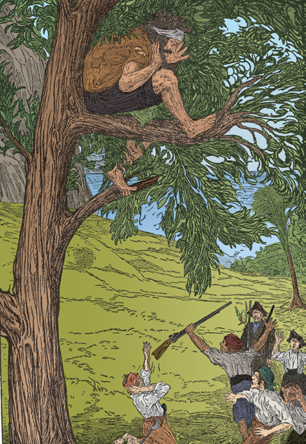 A man perched on a tree branch listening, while several men stand below gesturing up at him in a grassy landscape.