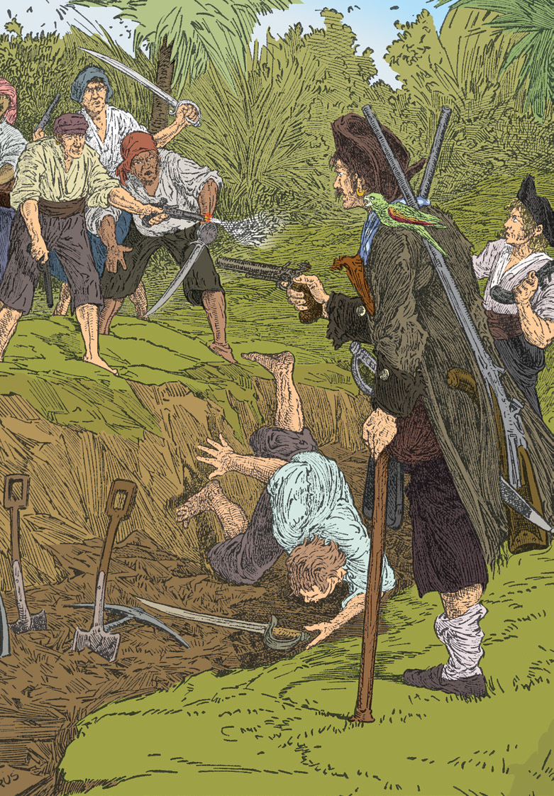 Pirates attacking as a man falls into an excavation