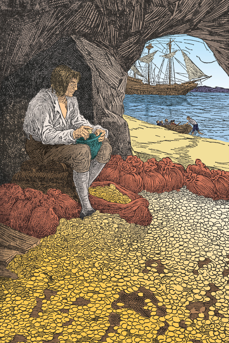 A man sits in a cave on the shore, surrounded by piles and bags of gold coins, while a ship and sailors are visible outside on the beach.