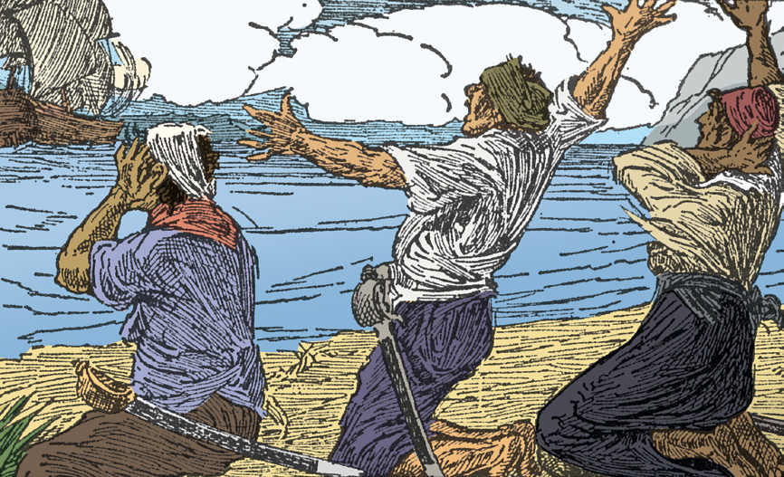 Mutineers on the shore firing at a departing ship