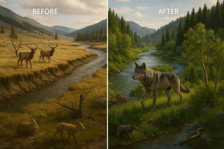 Before and after images of a Yellowstone river valley showing ecosystem changes after wolf reintroduction.