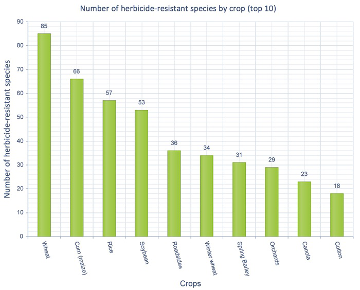 Bar graph titled 'Number of herbicide-resistant species by crop (top 10)' showing highest number for wheat followed by corn (maize), rice, soybean, roadside, winter wheat, spring barley, orchards, canola, and cotton.