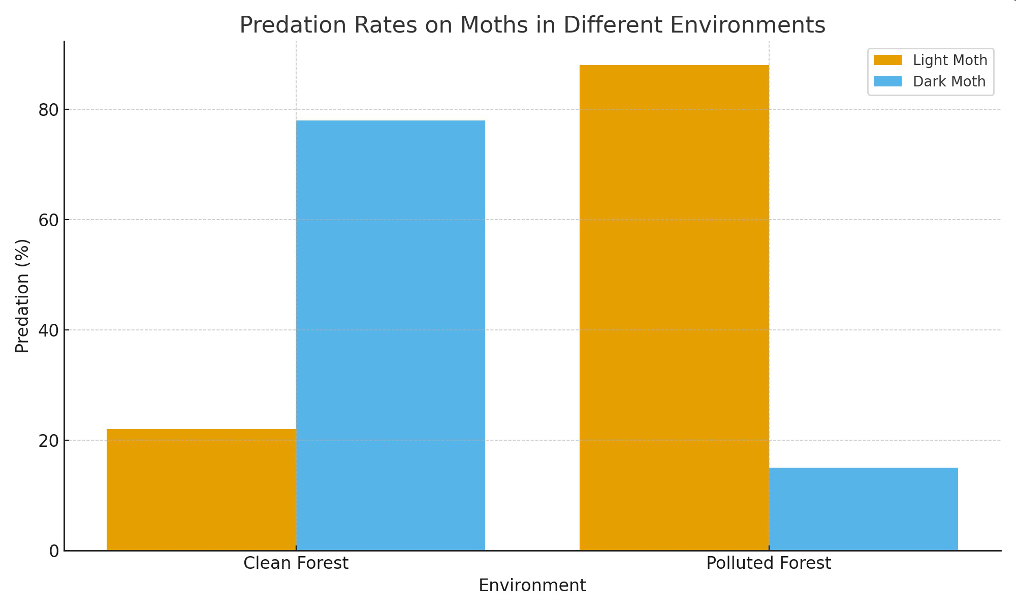 null Bar graph showing predation rates on light and dark moths in clean and polluted forests.