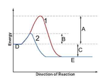 Energy vs Direction of Reaction graph with two curves labeled 1 and 2 and points A, B, C, D, E