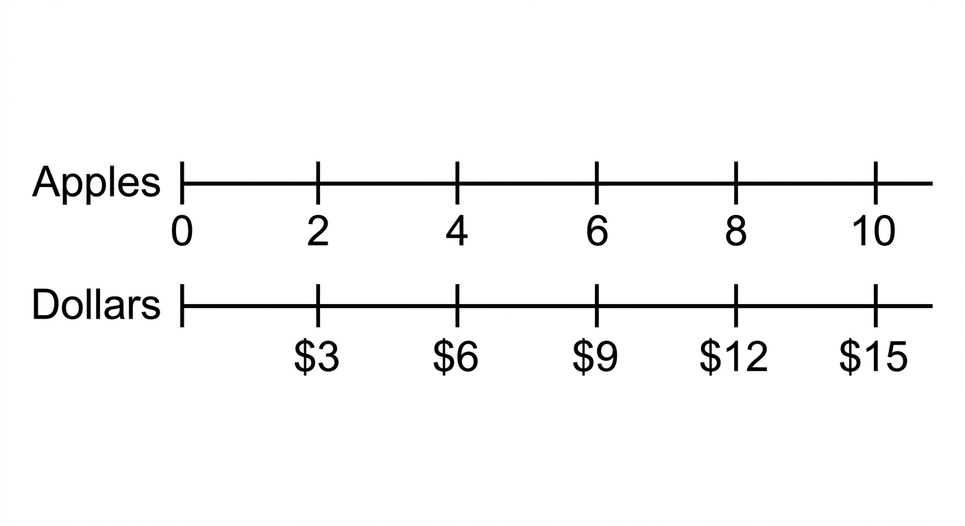 Double number line labeled Apples and Dollars showing 2 apples costs 3 dollars, up to 10 apples costs 15 dollars.