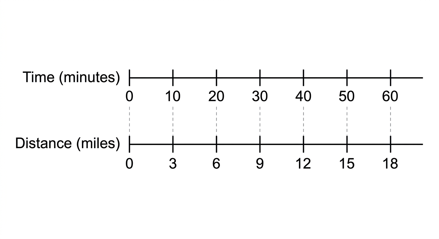 Double number line labeled Time in minutes and Distance in miles showing 10 minutes for 3 miles up to 60 minutes for 18 miles.