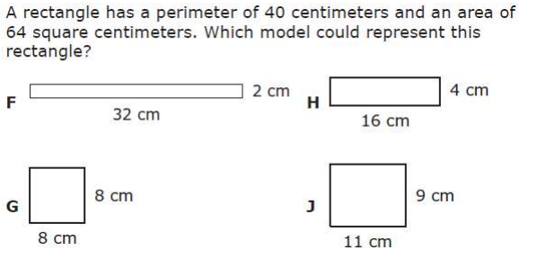 Four labeled rectangle models: F is 32 cm by 2 cm, H is 16 cm by 4 cm, G is 8 cm by 8 cm, and J is 11 cm by 9 cm.