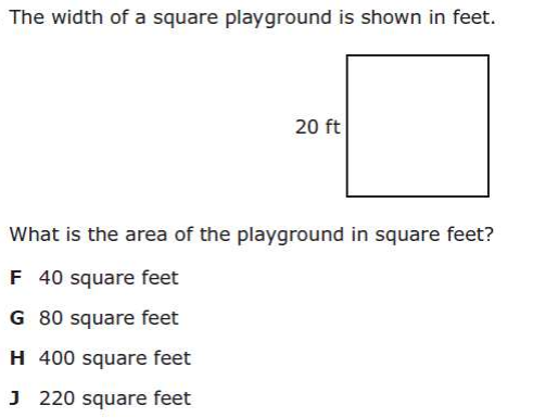 Diagram of a square playground with width labeled 20 feet, and multiple-choice answers about its area.