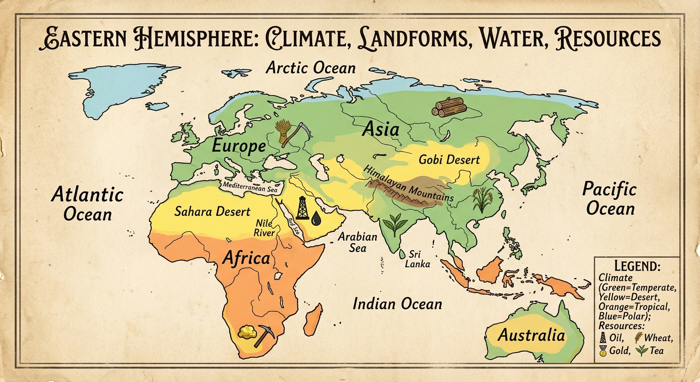 Vintage-style poster map of the Eastern Hemisphere showing climate zones, major landforms and bodies of water, and resource icons with a legend.