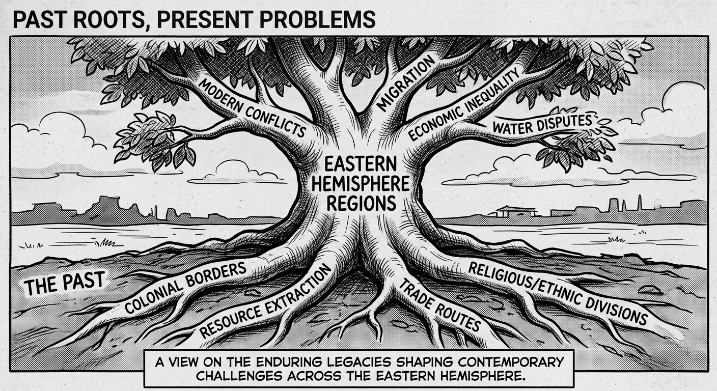 Black-and-white political cartoon showing a tree whose roots are labeled with past causes and whose branches are labeled with present-day regional issues.