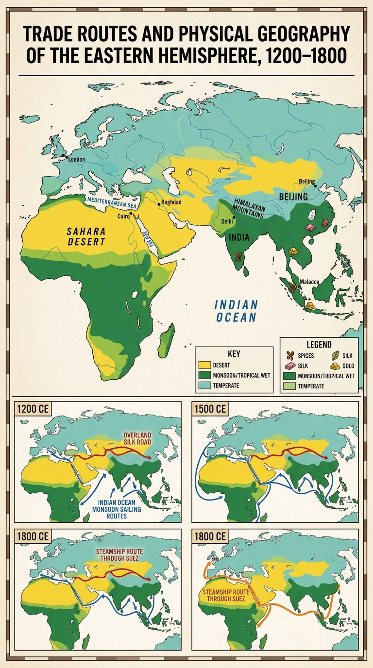 Poster-map of the Eastern Hemisphere showing climate zones, landforms, major seas, and trade routes in 1200 CE, 1500 CE, and 1800 CE with a legend.