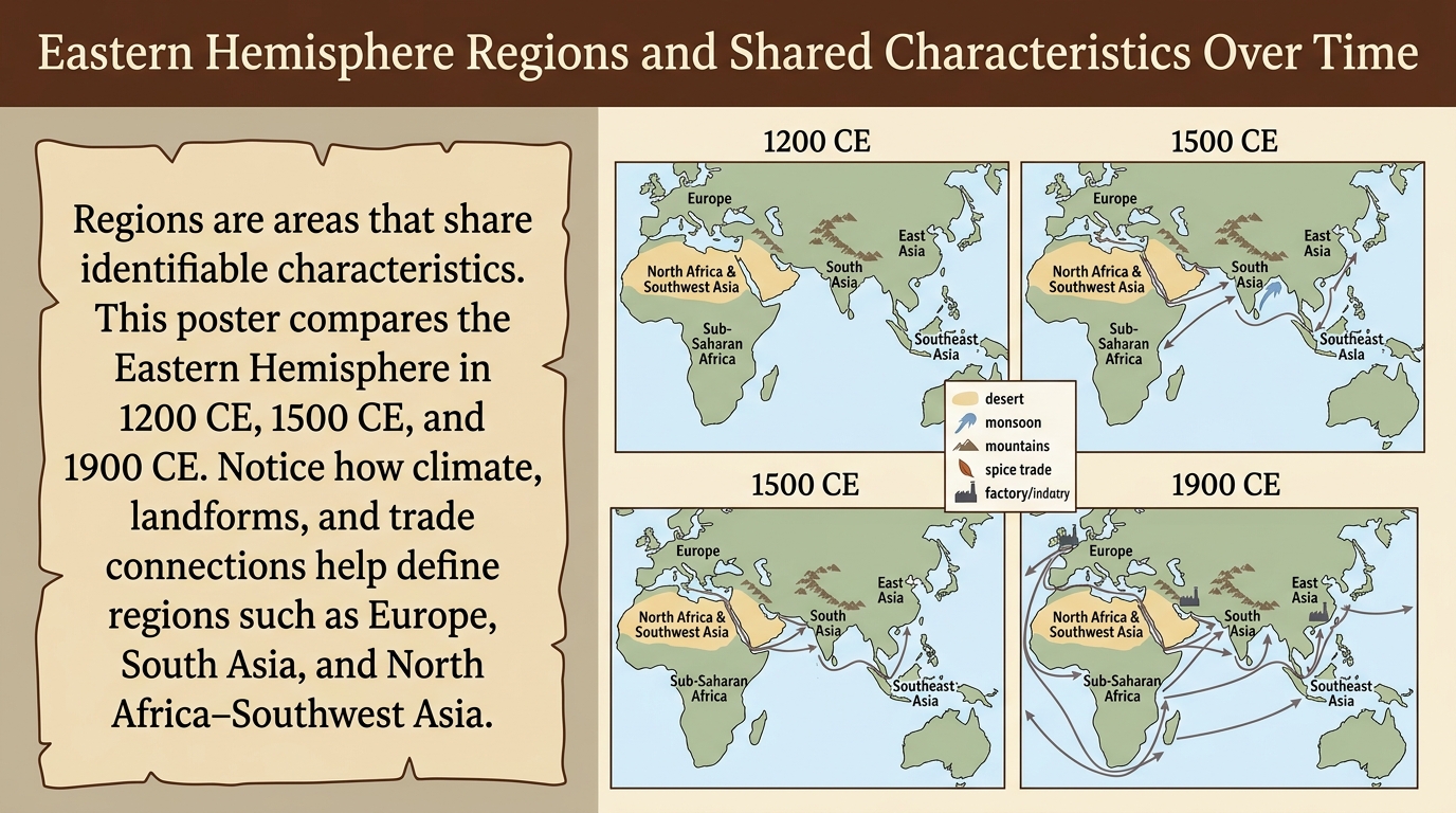Poster with a 45-word caption about regions and three dated maps (1200 CE, 1500 CE, 1900 CE) labeling Eastern Hemisphere regions and showing icons for shared characteristics and trade connections.