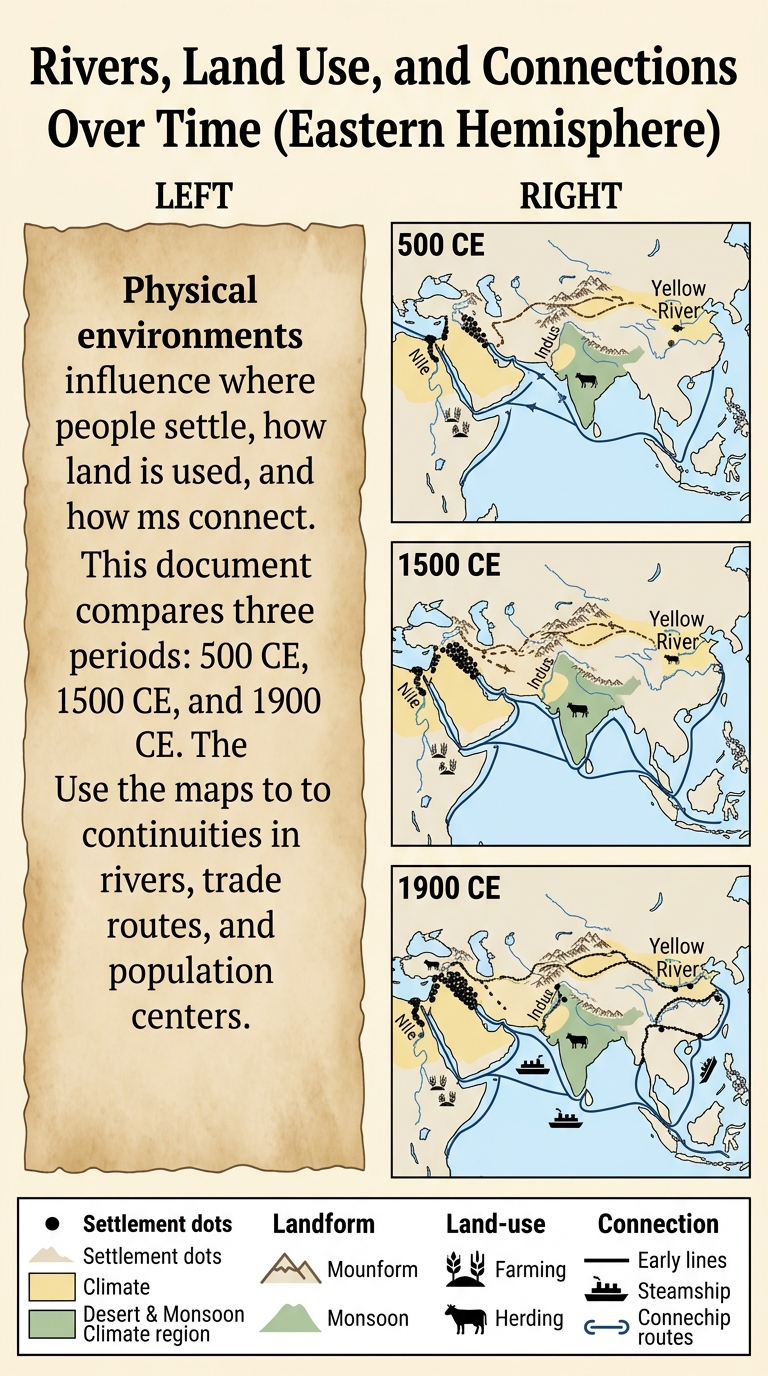 Poster with a 46-word caption about how physical environments shape settlement and connections, plus three dated maps (500 CE, 1500 CE, 1900 CE) showing rivers, climate zones, land use, population centers, and changing trade routes.